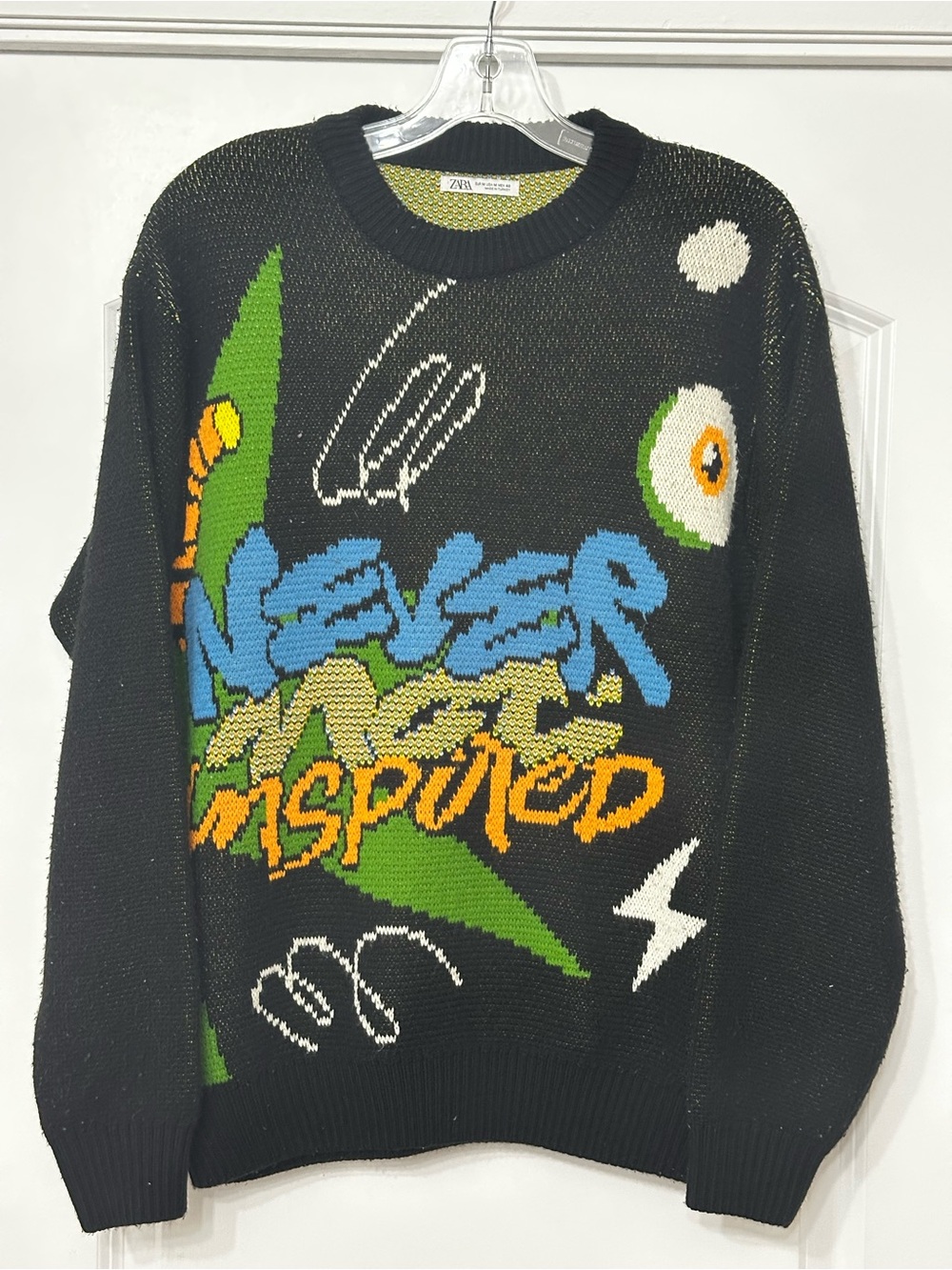 ZARA Men's Knit Sweater "Never Not Inspired" Graphic Jacquard
